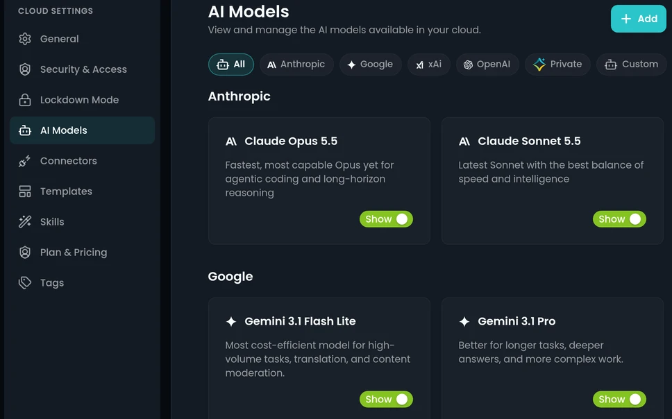 Emerge.ai Cloud Settings for a sample Cloud: General, Security and Access, Lockdown Mode, AI Models, Connectors, Templates, Skills, Plan and Pricing, Tags, with AI Models open