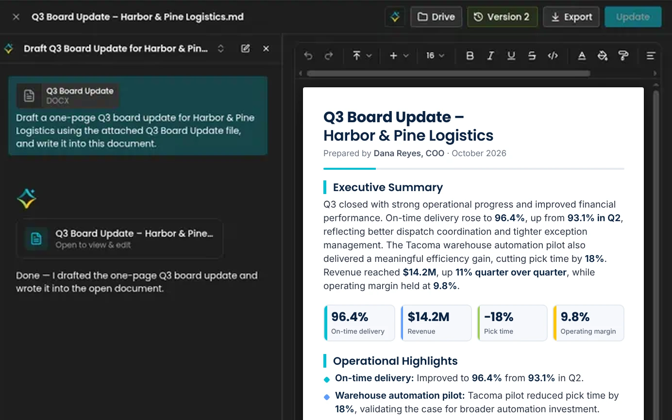 Emerge.ai drafting a Q3 board update for Harbor and Pine Logistics: AI chat on the left, the document on the right with Version 2, Export and Update
