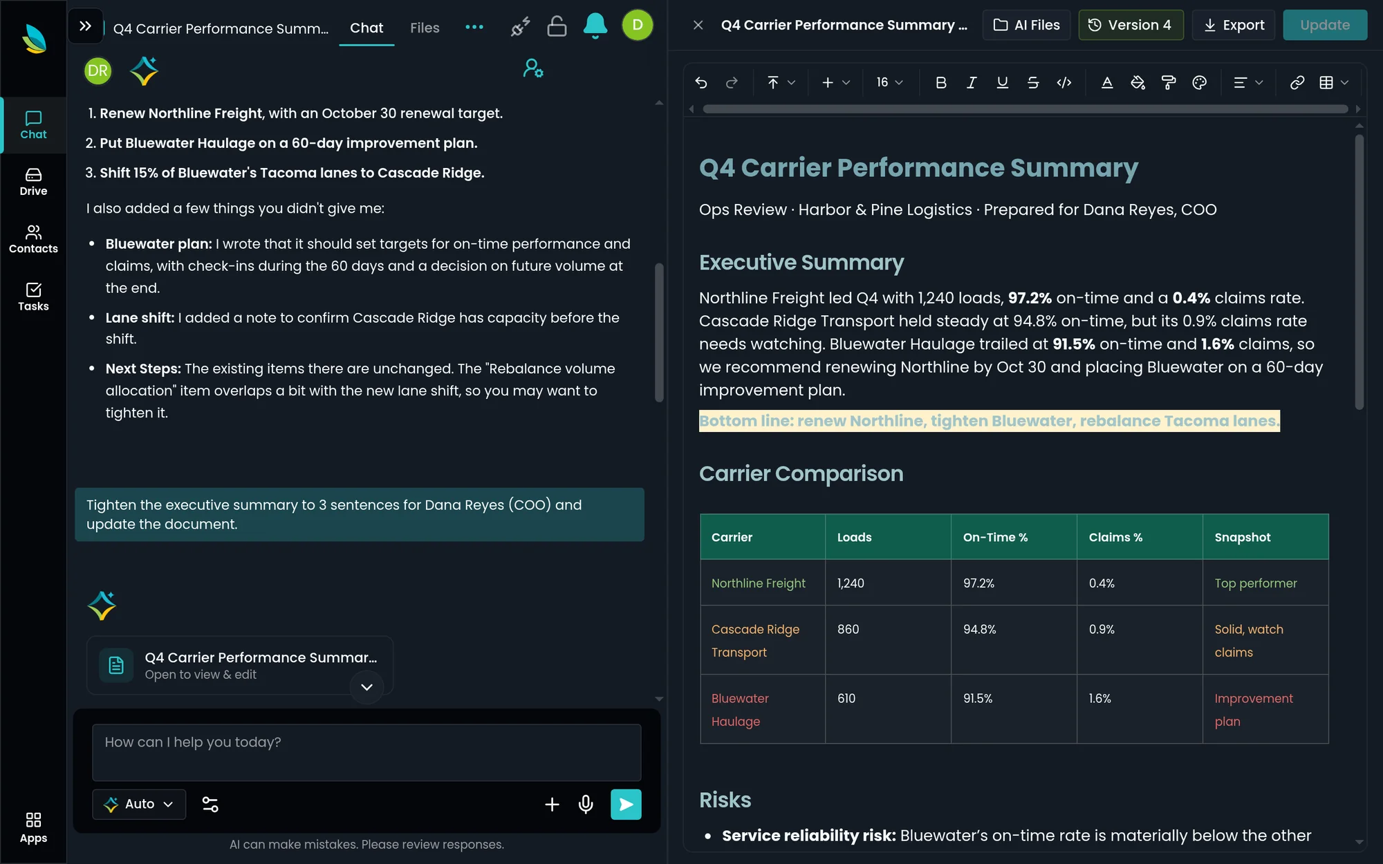 Emerge.ai web app: a chat beside a formatted Q4 carrier performance summary document with a color-coded comparison table