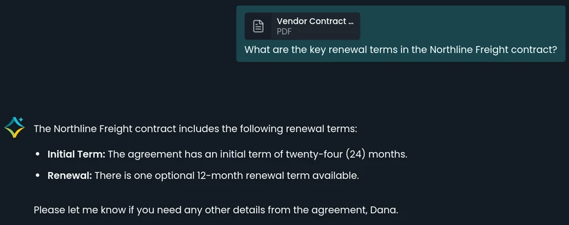 Chatting with a vendor contract stored in Drive: Emerge.ai lists the initial term and the optional renewal term