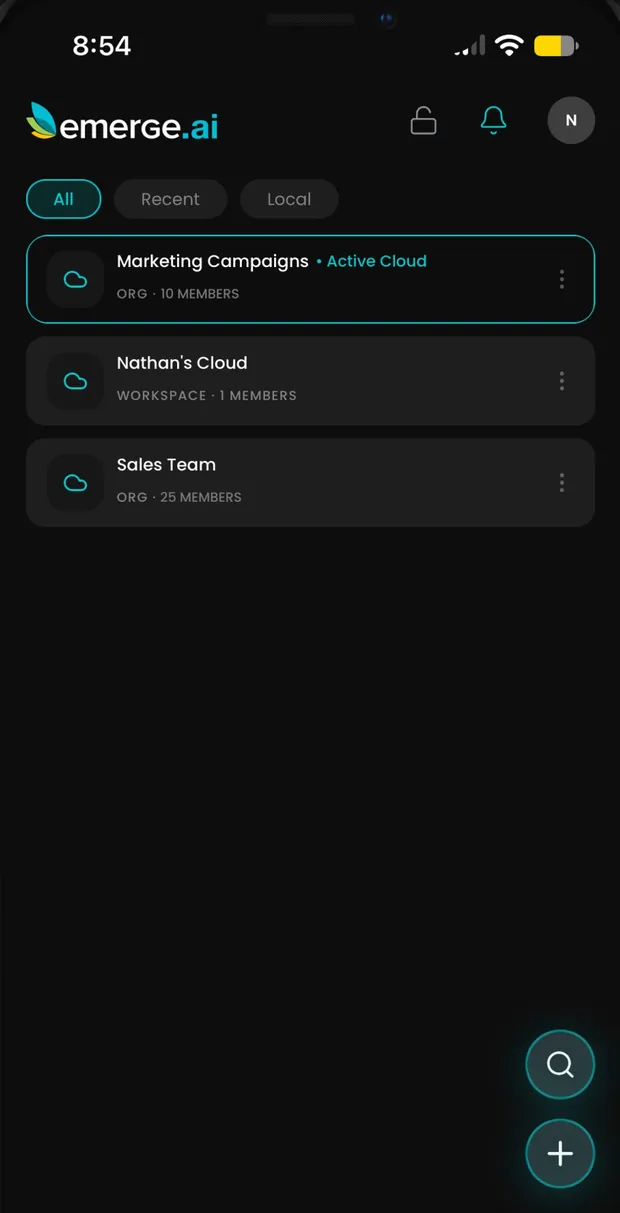 Emerge.ai for iPhone showing the Clouds list: Marketing Campaigns (active cloud), Nathan's Cloud and Sales Team, with All, Recent and Local filters