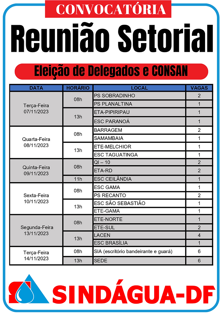 Sindágua-DF convoca Reuniões Setoriais para Eleições de Delegados ao CONSAN