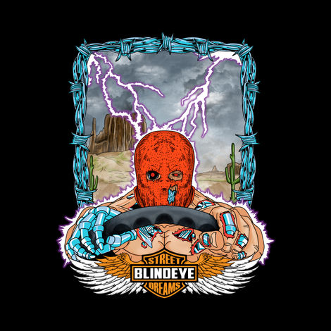 Illustrated figure with lightning and desert background.