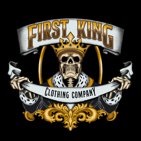 Skeleton king logo with "First King Clothing Company."