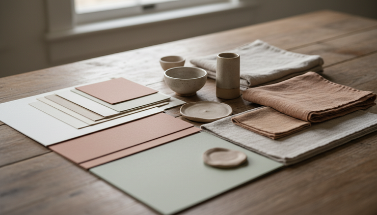 Close-up of coloured paper samples and fabric swatches laid out on a kitchen table.
