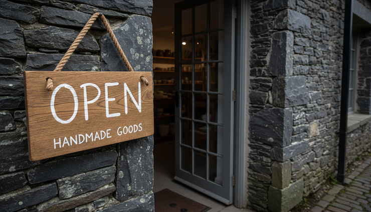 Close-up of a handmade wooden open sign hanging beside a slate doorway.