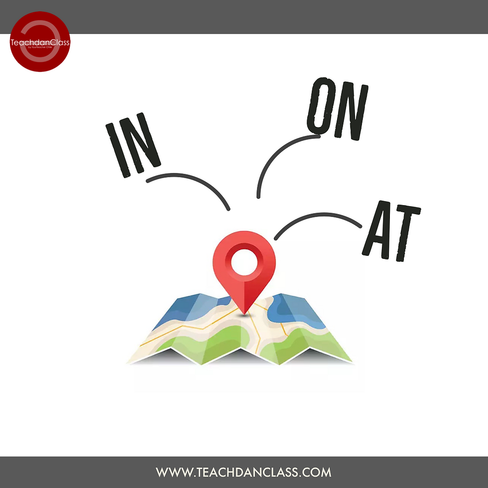 image of a map and location mark with words in, on, & at.