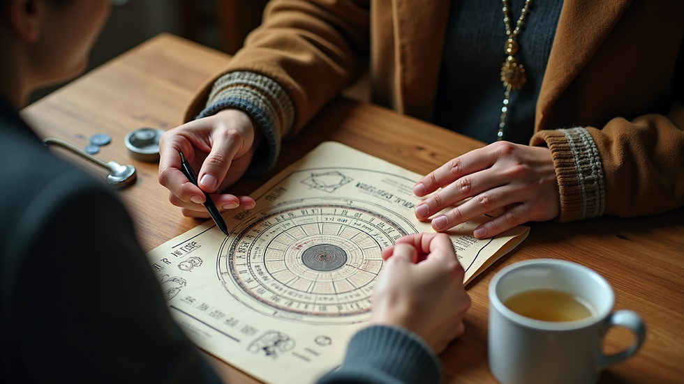 High angle view of a person consulting an astrologer with birth chart on table
