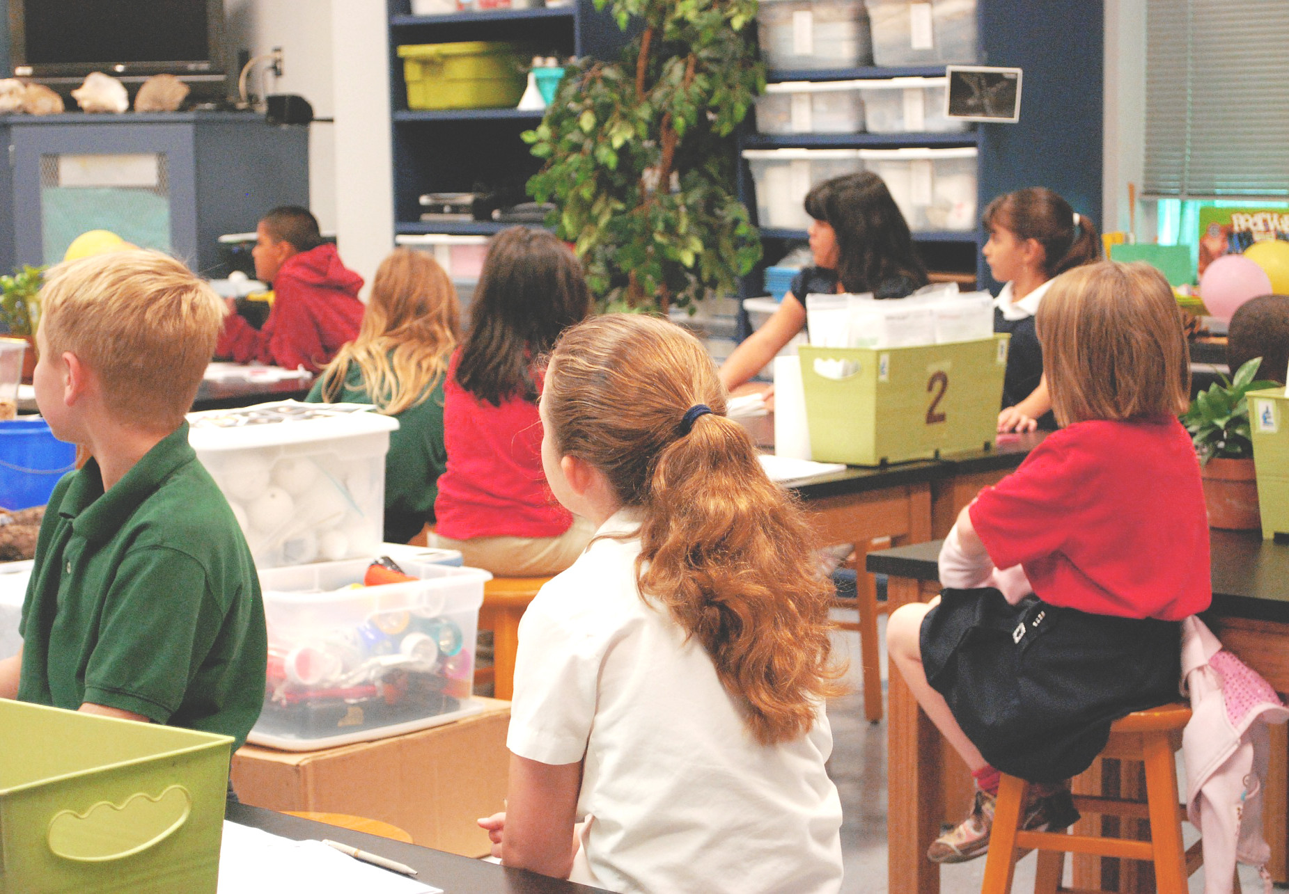 Children are sitting in a classroom, facing away from the camera.
