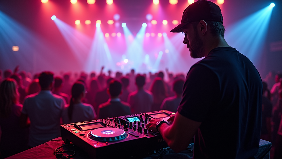 Wide angle view of DJ performing at a lively event