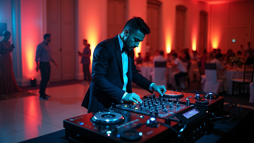 High angle view of DJ setting up sound equipment at wedding venue