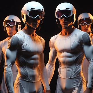 Three naked ski racers in a chain: one is having sex from behind in the snow, the middle one is giving a blowjob, all wearing only ski goggles.