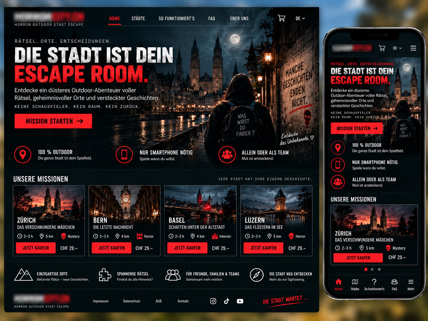 Horror Escape Online-Business – fertige Website für Grusel-Abenteuer & Mystery T