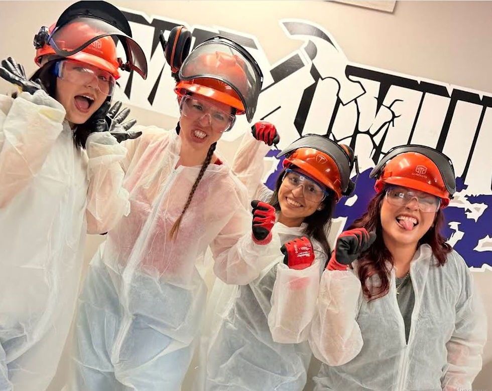 Group of friends posing in protective safety gear before starting a rage room session at Maximum Rage.