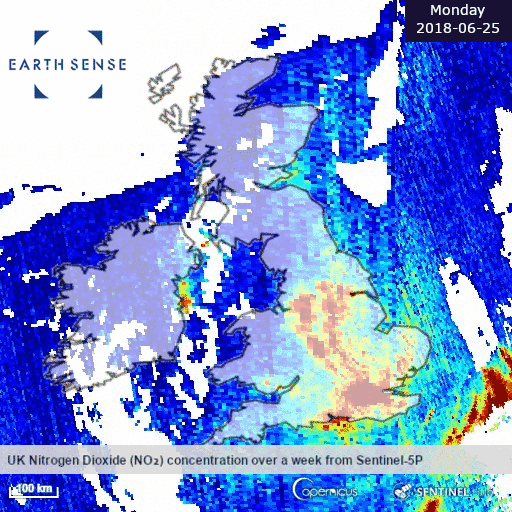 Satellite data gif showing NO2 concentrations over a one week period from Sentinel-5P