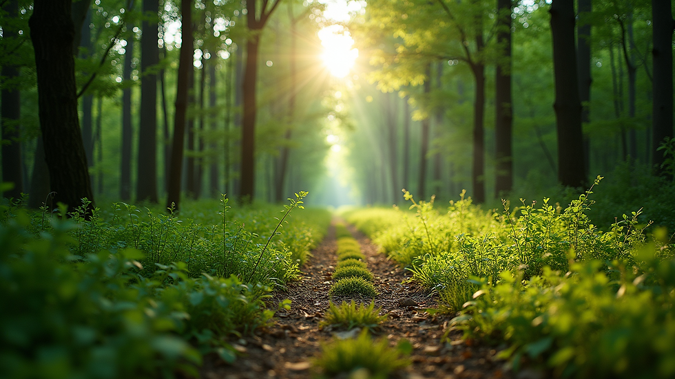 Eye-level view of a lush green forest with sunlight filtering through the trees
