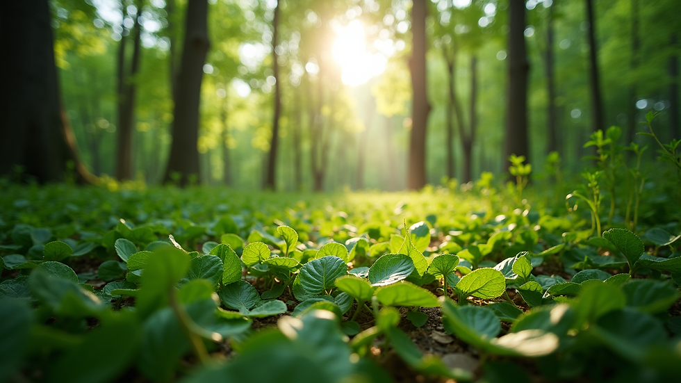 Eye-level view of a lush green forest with sunlight filtering through the leaves
