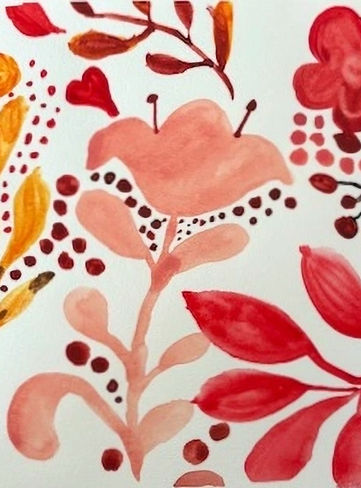 Stylized watercolor flowers, red and orange