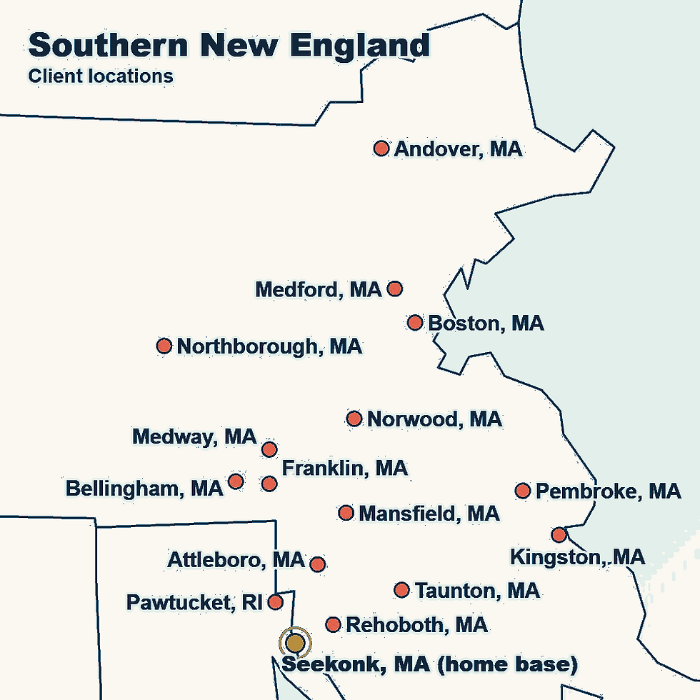 Map of southern New England with labeled client locations around Seekonk, MA