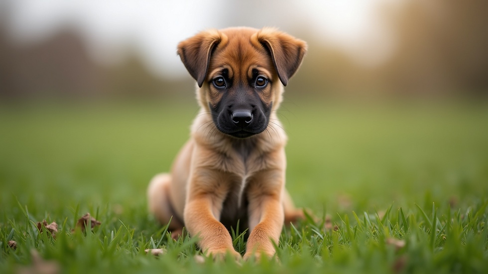 Eye-level view of a Belgian Malinois puppy sitting on a grassy field