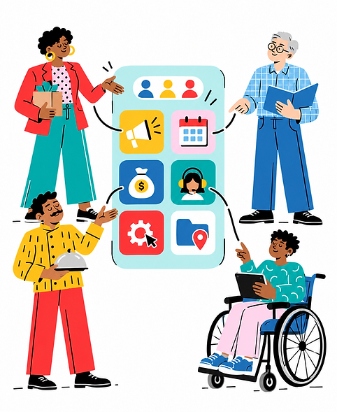 Diverse group using Shophand app for organizations