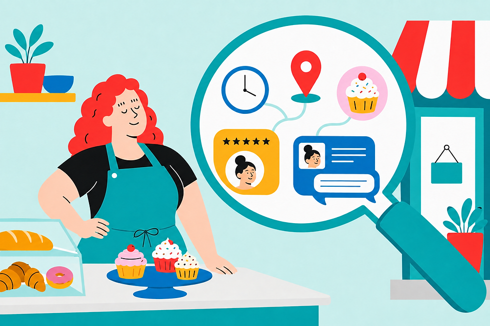 Red-haired baker in teal apron stands by pastries; speech bubble shows clock, location pin, cupcake, rating, and chat icons in a bakery