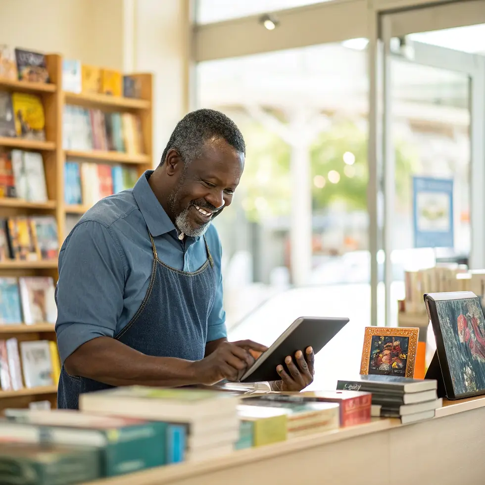 Small business owner and bookstore manager uses a tablet behind the counter, surrounded by shelves of books.