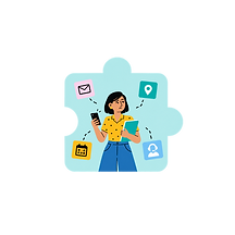 Woman multitasking with business icons inside a puzzle piece