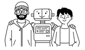 Line art of two people and a smiling robot.