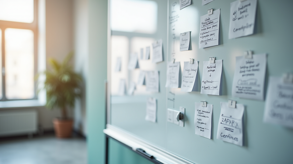 Close-up view of a whiteboard with business process flowcharts and notes