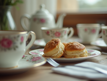 Traditional British afternoon tea with scones and tea cups