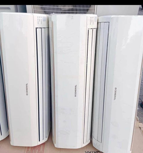 Three white air conditioning units