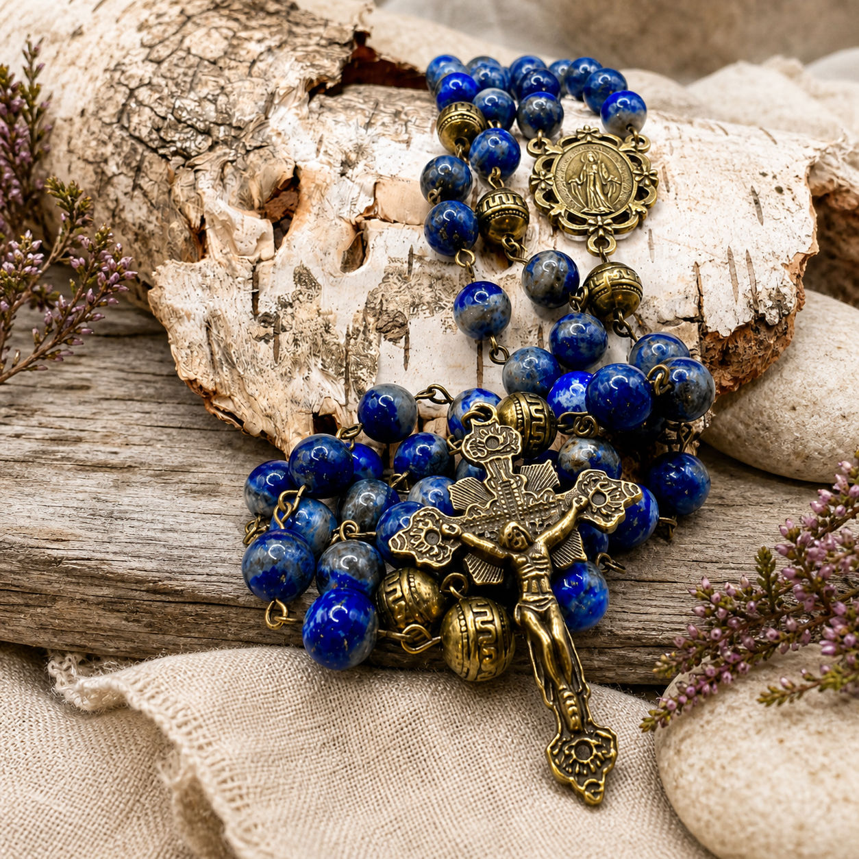 Lapis Lazuli and Antiqued Brass Rosary with Miraculous Medal French Gothic Cross