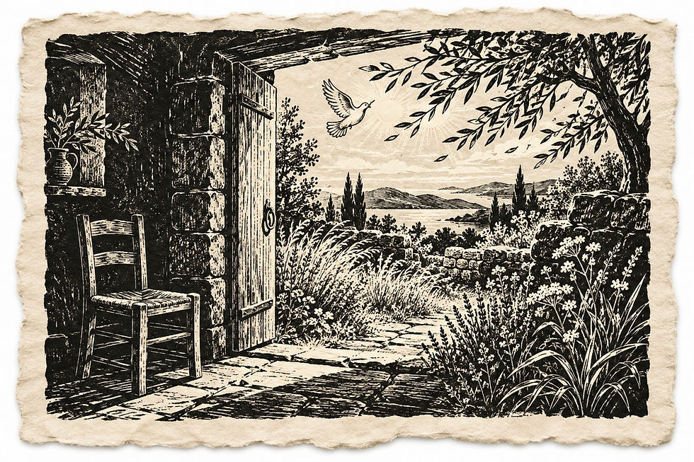 Black ink print of an open stone doorway, an empty chair and a quiet garden, evoking a pause for prayer.
