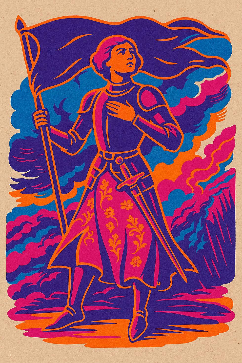 Knight in vibrant armor holds a flag, standing proudly against vivid clouds. Colors in orange, pink, blue highlight medieval floral design.