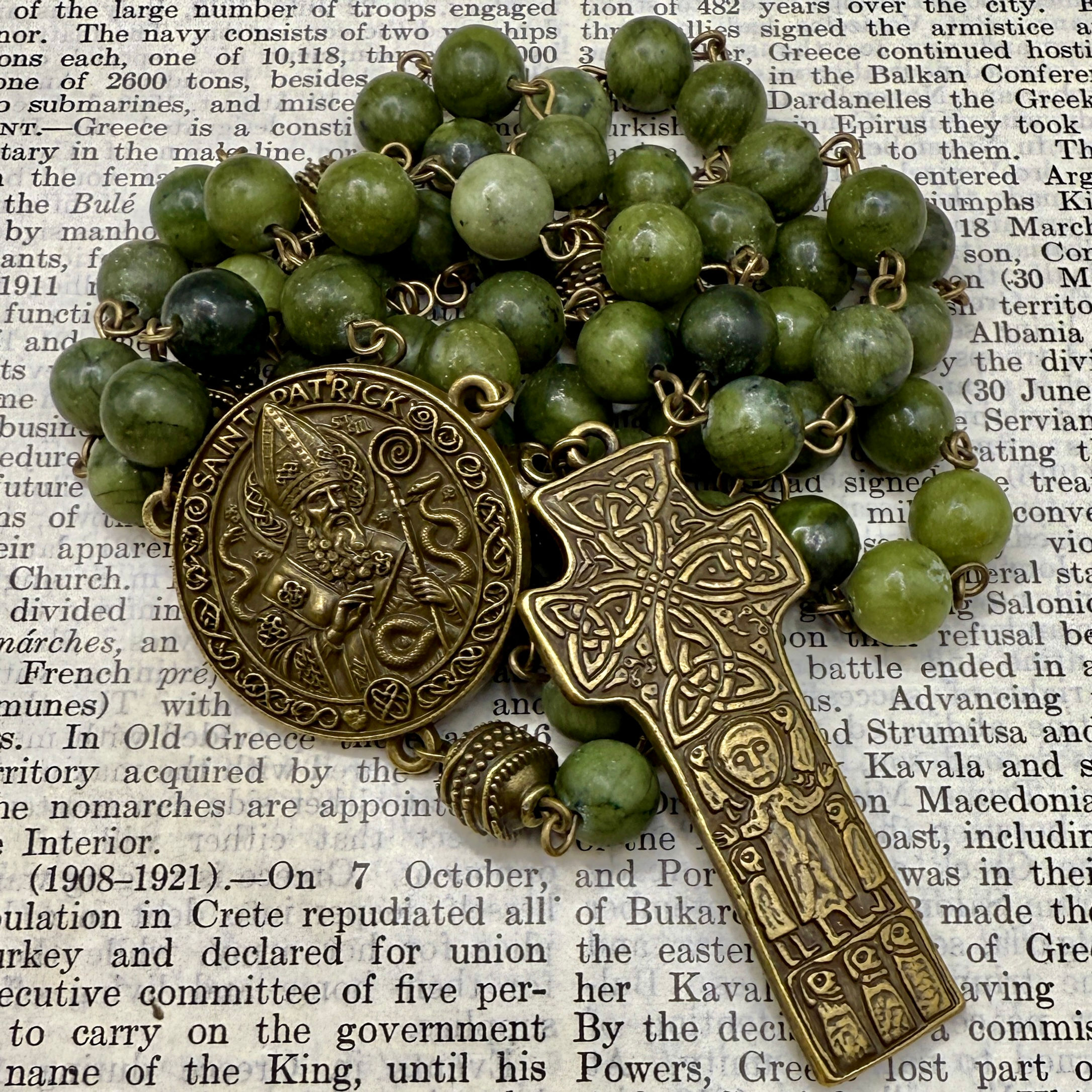 Green Jade Saint Patrick Rosary with Carndonagh Cross
