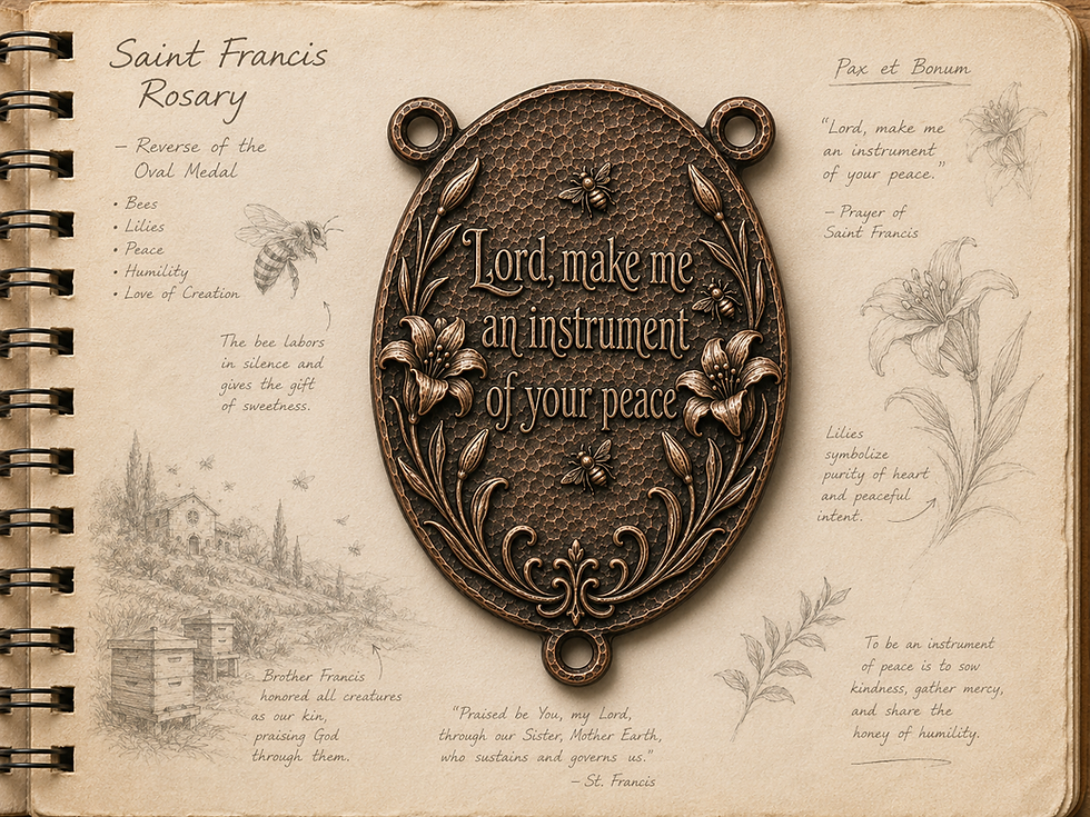 Saint Francis Rosary page with ornate bronze medallion and prayer text, surrounded by bees, lilies, and soft sepia sketches
