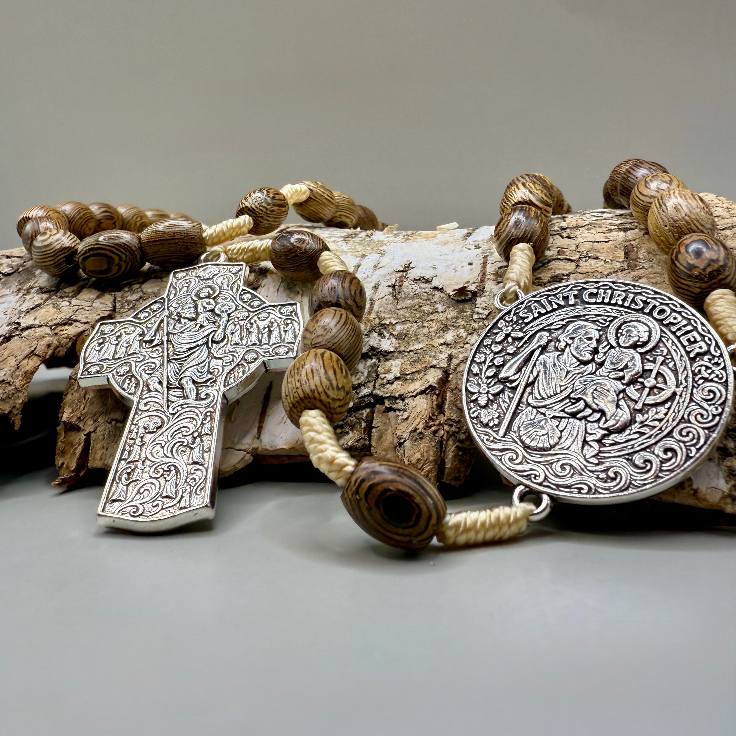 Jacobean Oak Saint Christopher Travel Catholic Rosary