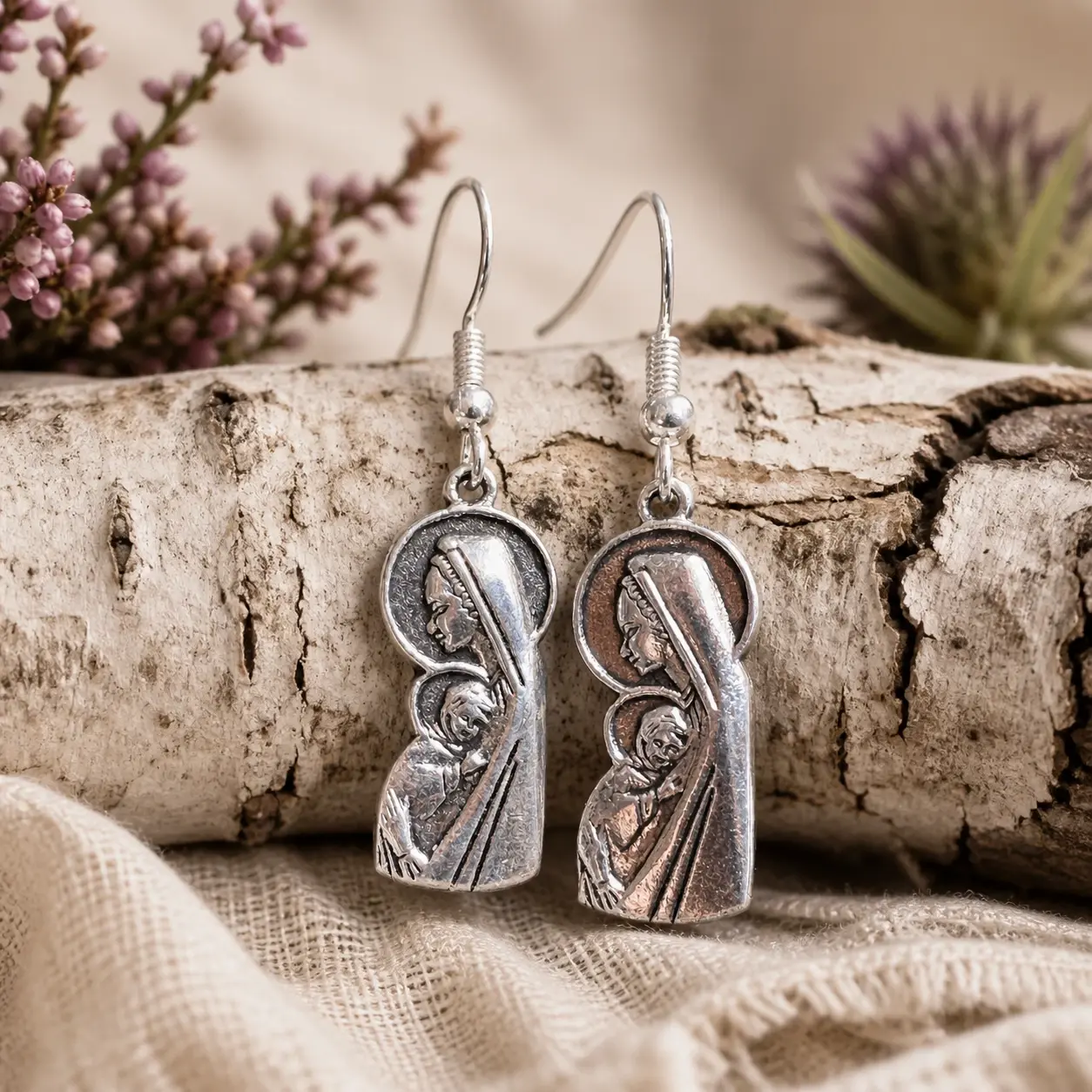 Madonna and Child Dangle Earrings: Sterling Silver Hooks