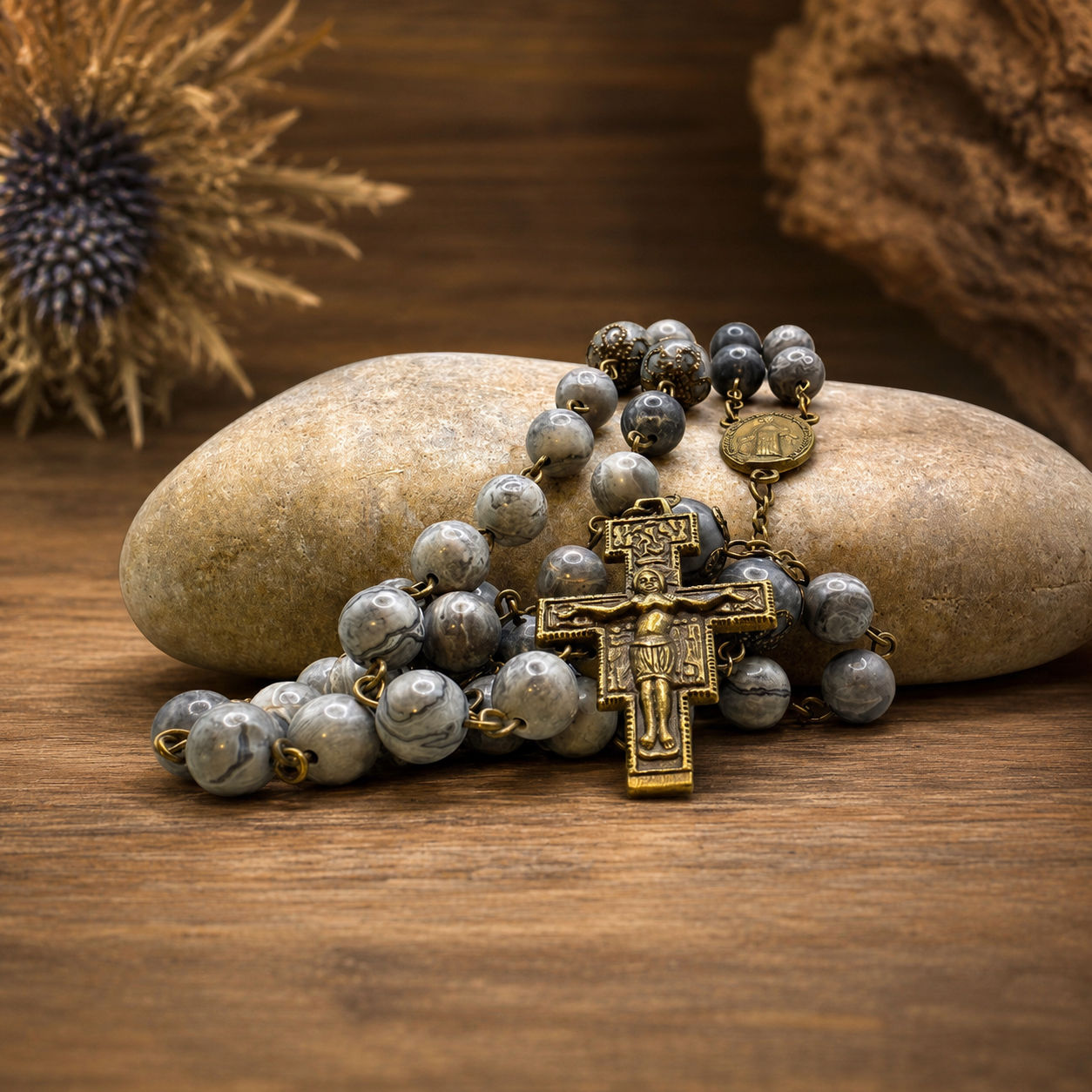 Handmade Catholic Rosary: Italian Marble Beads, Saint Francis Cross
