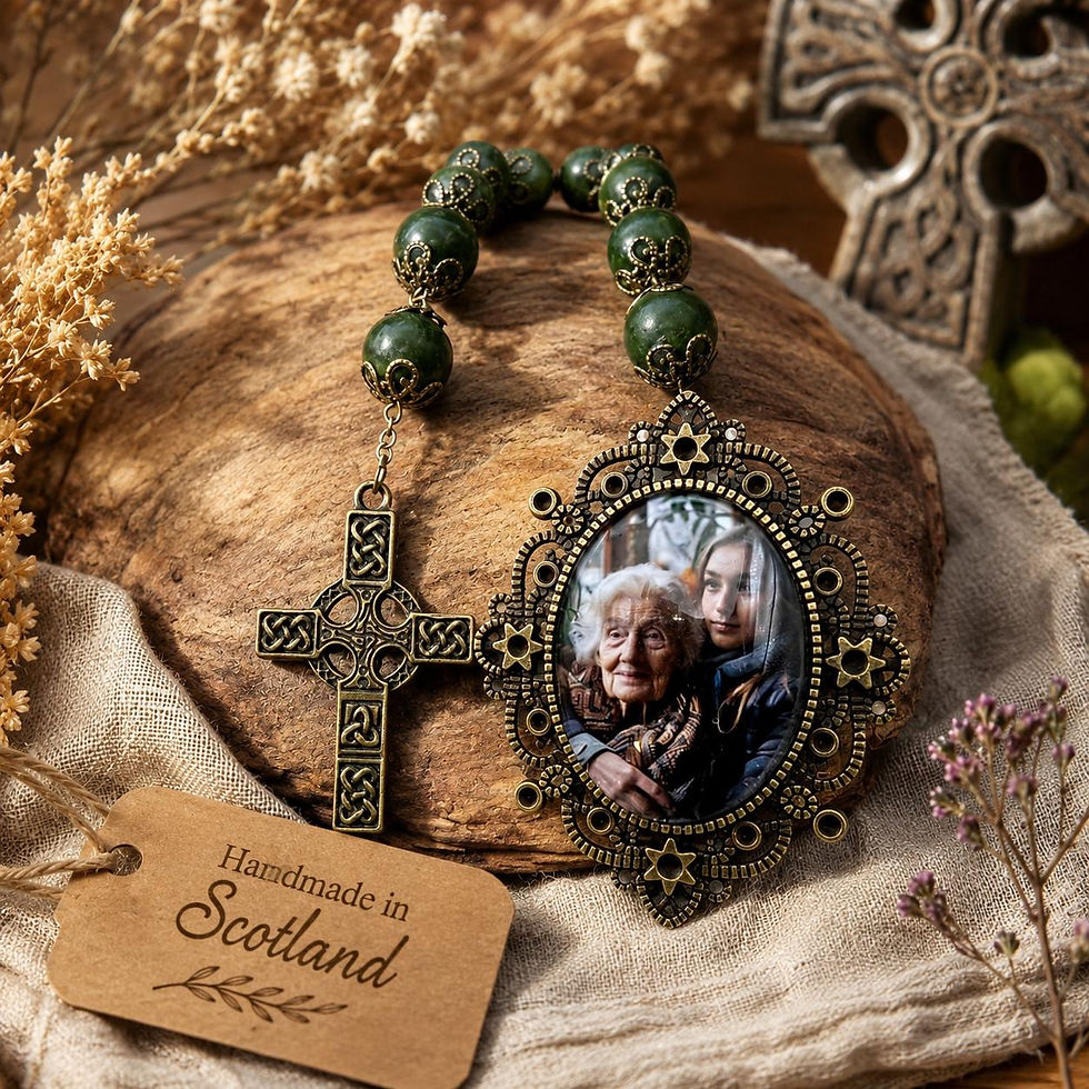 Personalised memorial cameo rosary with green beads, portrait photograph and bronze Celtic cross on wood