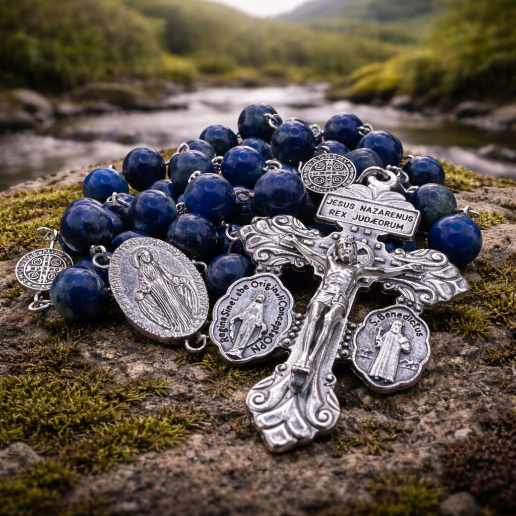 Pardon Crucifix Lapis Lazuli Sterling Silver and Steel Heirloom Rosary