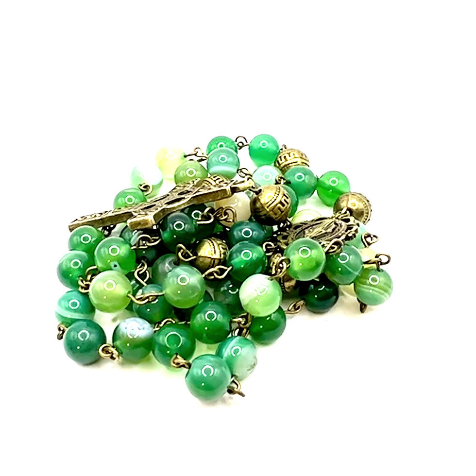 Thumbnail: Celtic Green Agate and Brass Miraculous Medal Rosary