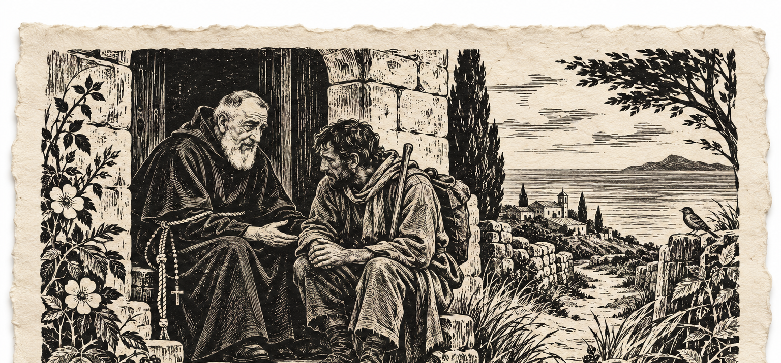 Black-ink linocut of Padre Pio listening to a weary pilgrim outside a stone friary, expressing Franciscan prayer through compassionate service.