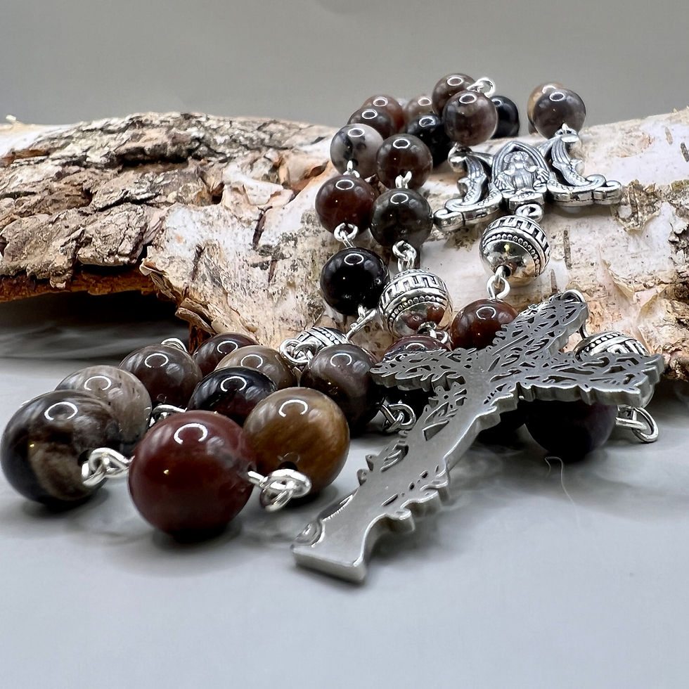 Thumbnail: Petrified Wood, Silver and  Steel Tree of Life Catholic Rosary