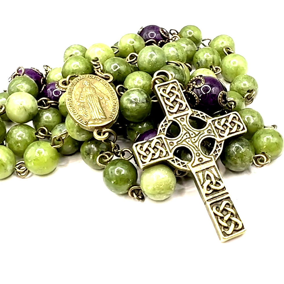 Thumbnail: Traditional Handmade Catholic Rosary with Celtic Cross Jade & Amethyst Beads