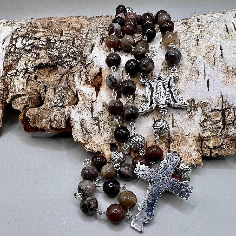 Thumbnail: Petrified Wood, Silver and  Steel Tree of Life Catholic Rosary