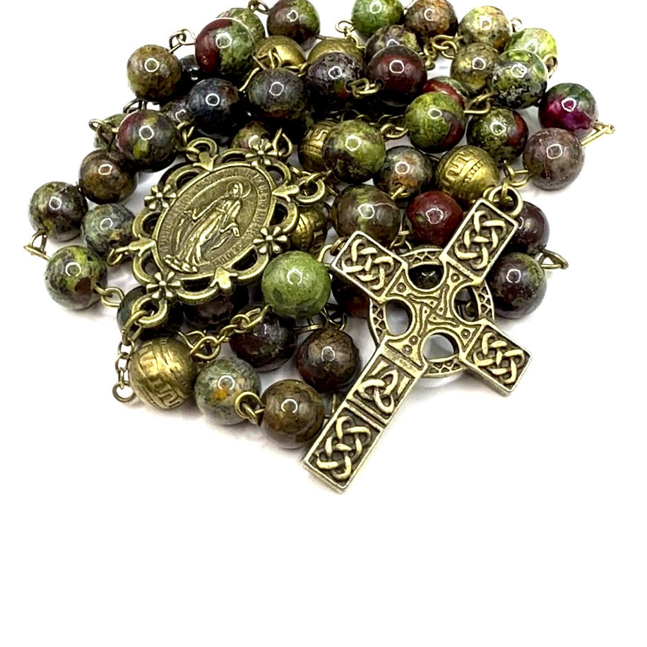 Thumbnail: Dragon’s Blood Stone Rosary – Gothic Miraculous Medal, Celtic Cross & Antiqued