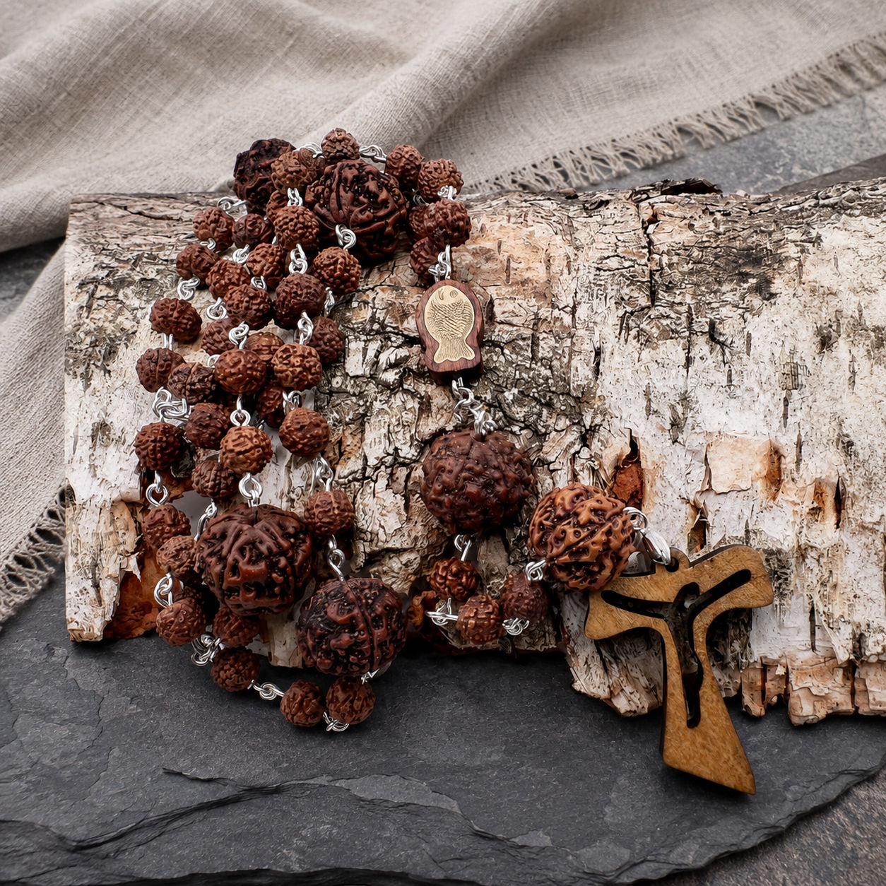 Rudraksha stones, Silver and Rose Wood Catholic Rosary Beads