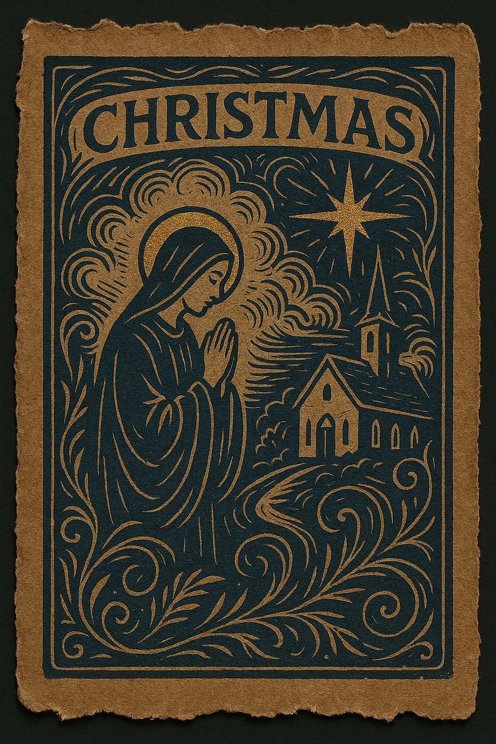 Stylized vintage Christmas card depicting a praying figure, star, and church in a swirling pattern with gold and dark blue tones.